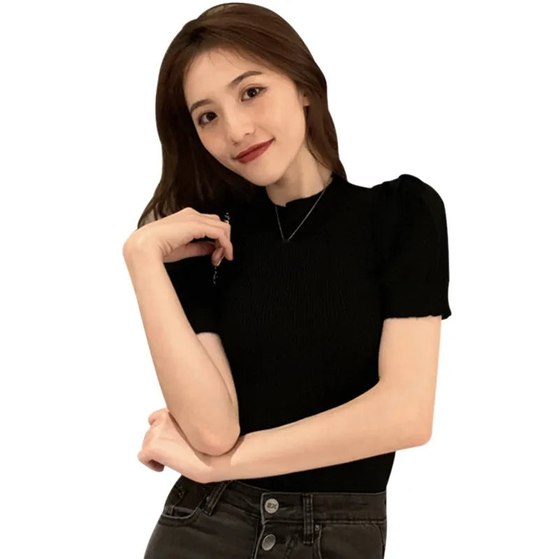 T Shirt Women Solid Tops Harajuku Tshirt Summer Puff Sleeve Korean Knitted T-shirt camiseta feminina