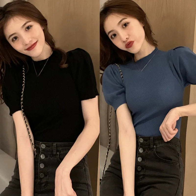 T Shirt Women Solid Tops Harajuku Tshirt Summer Puff Sleeve Korean Knitted T-shirt camiseta feminina