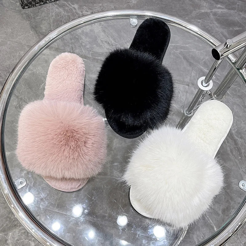 Winter Fur Slippers Home Women Indoor Furry Soft Fluffy Plush Platform Flat Cotton Slippers Plus Size 43 House Shoes