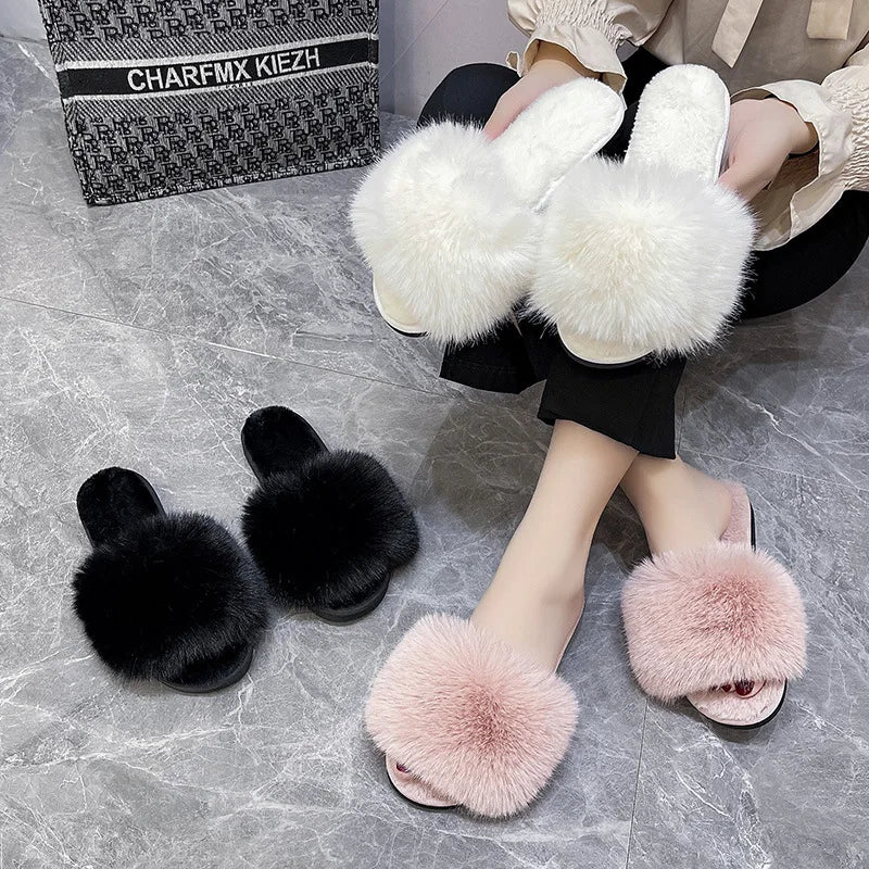 Winter Fur Slippers Home Women Indoor Furry Soft Fluffy Plush Platform Flat Cotton Slippers Plus Size 43 House Shoes