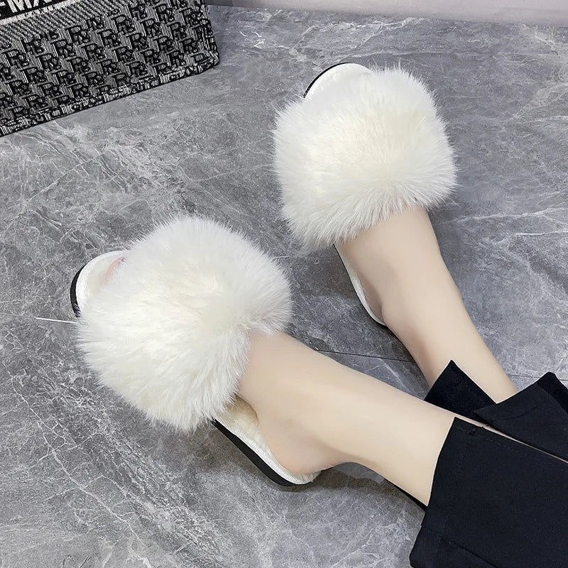 Winter Fur Slippers Home Women Indoor Furry Soft Fluffy Plush Platform Flat Cotton Slippers Plus Size 43 House Shoes