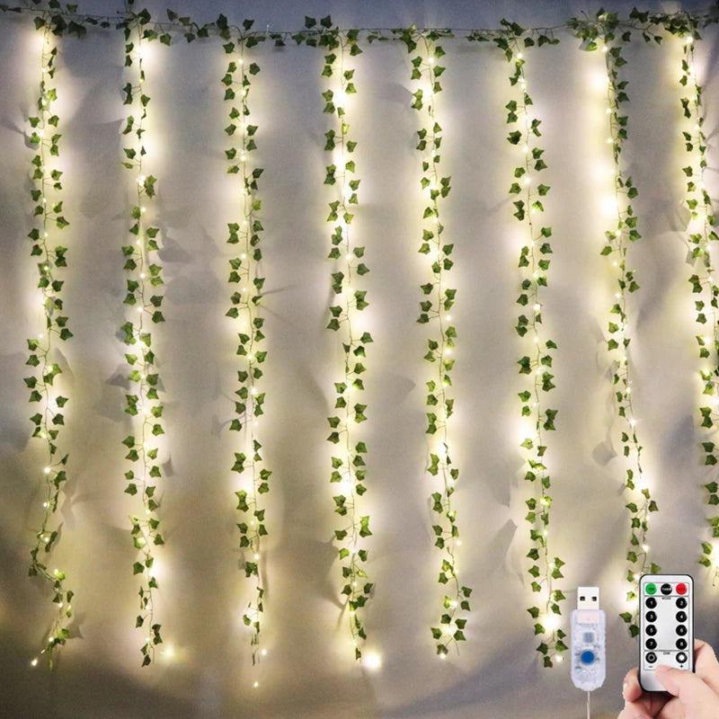 12 pçs 2m hera verde folhas guirlanda led artificiais para decoração