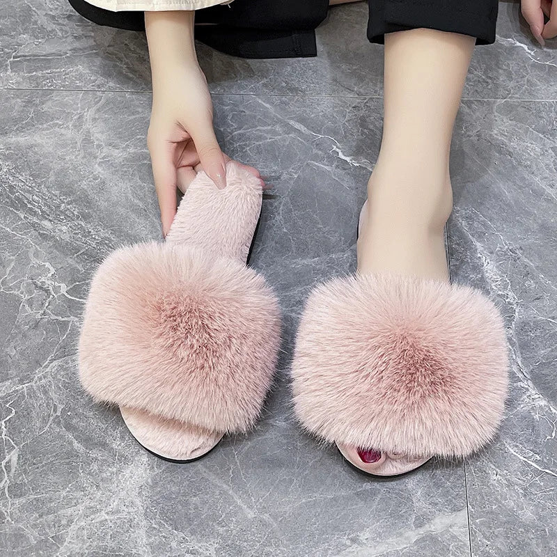 Winter Fur Slippers Home Women Indoor Furry Soft Fluffy Plush Platform Flat Cotton Slippers Plus Size 43 House Shoes