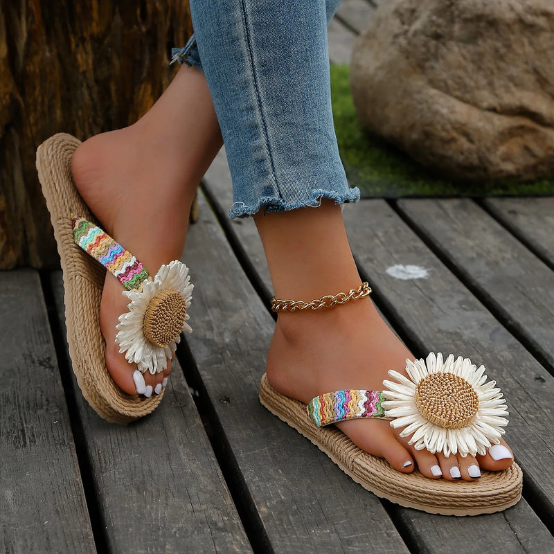 Women's fashion trend Linen Sunflower non-slip wear comfortable soft sole flat flip-flops