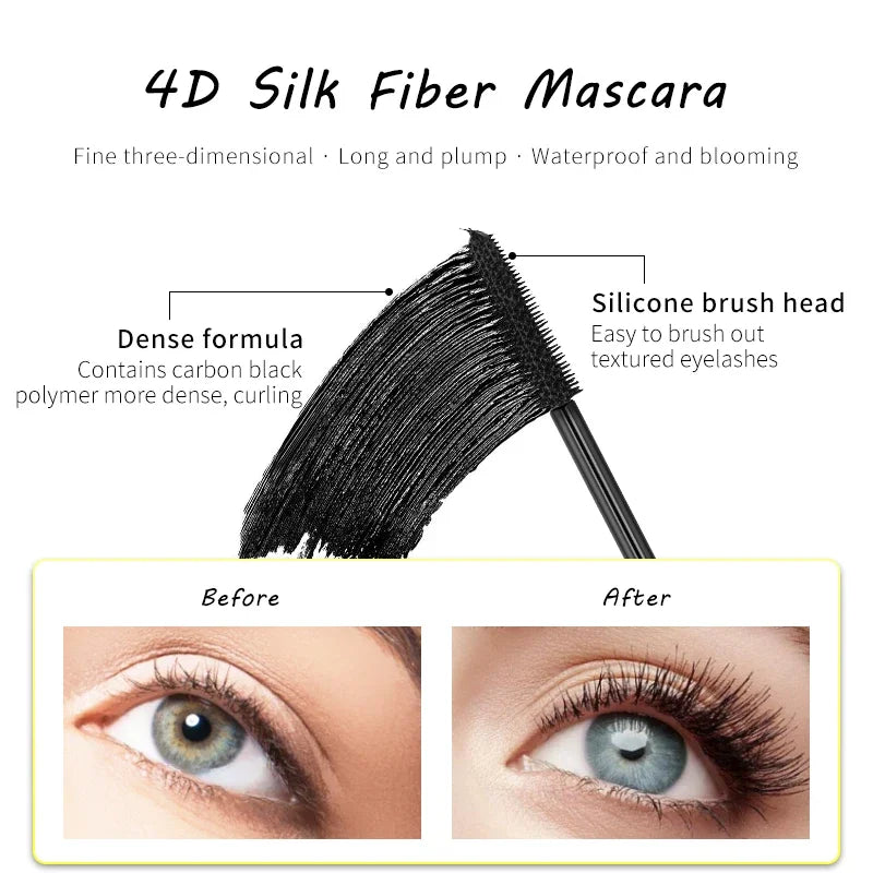 Cílios de fibra de seda 4D à prova d'água Rímel Maquiagem para os olhos Cosméticos Extensão de flexibilidade Natural de longa duração Maquiagem para olhos grandes