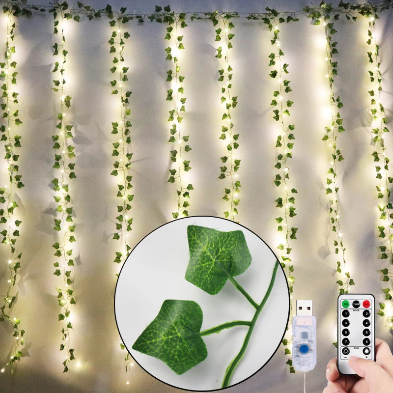 12 pçs 2m hera verde folhas guirlanda led artificiais para decoração